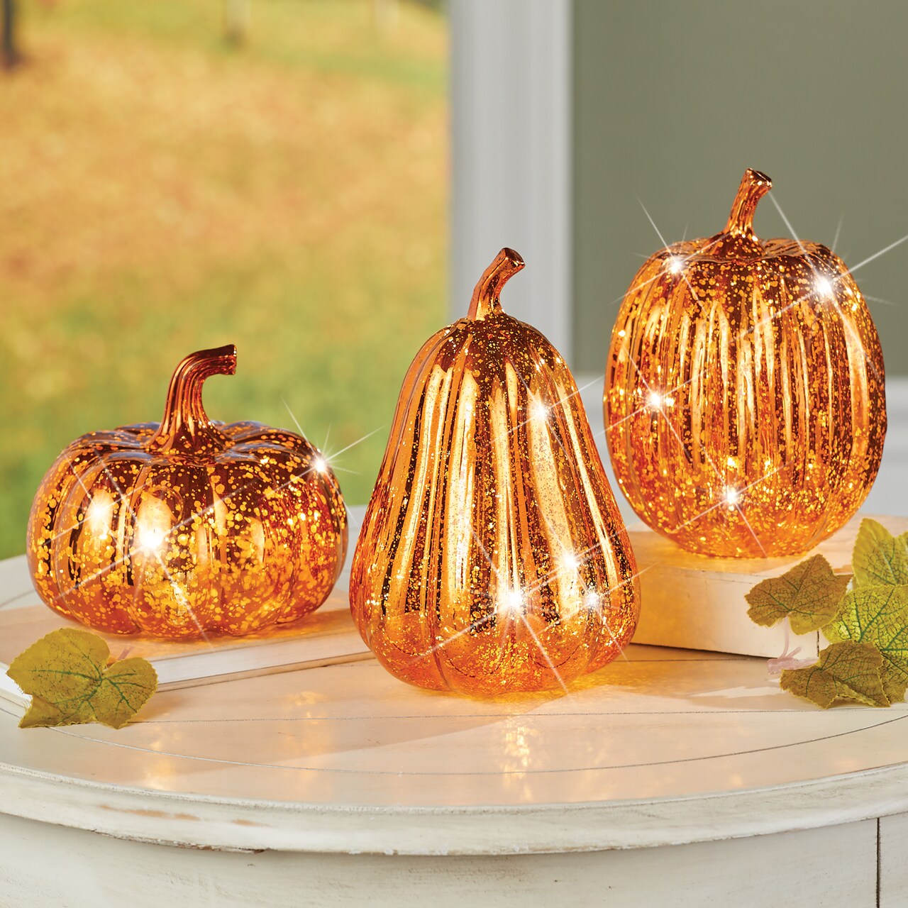 Collections Etc Lighted Faux Mercury-Style Pumpkins - Set of 3
